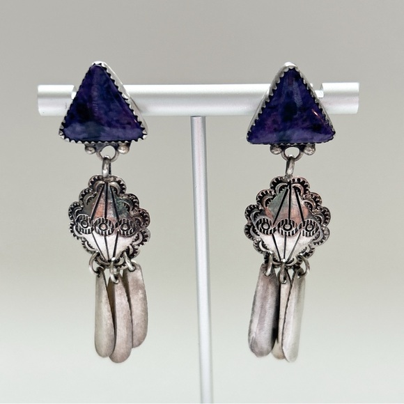 Vintage Richard Begay Navajo Charoite Sterling Silver Concho Earrings - Picture 4 of 14
